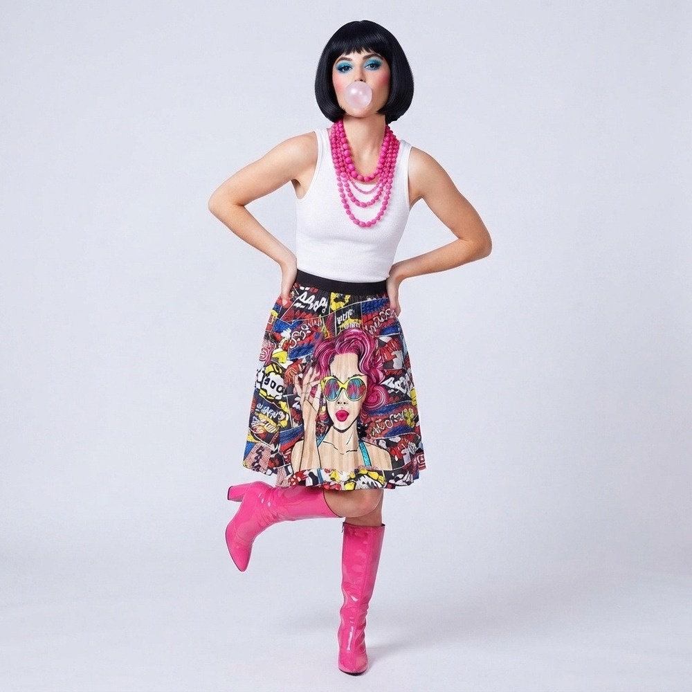 Pop Art Comic Book Rockabilly Midi Skirt Women Size Small Colorful Graphic Skirt